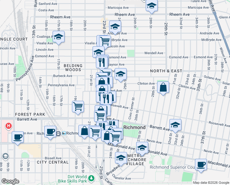 map of restaurants, bars, coffee shops, grocery stores, and more near 2363 Brooks Avenue in Richmond