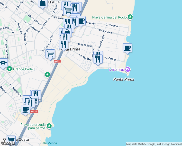 map of restaurants, bars, coffee shops, grocery stores, and more near Paseo de Marítimo-Punta Prima in Orihuela