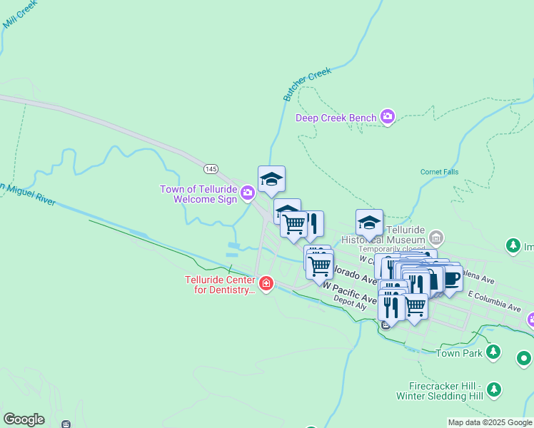 map of restaurants, bars, coffee shops, grocery stores, and more near Colorado 145 in Telluride