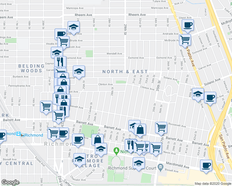 map of restaurants, bars, coffee shops, grocery stores, and more near 2820 Grant Avenue in Richmond