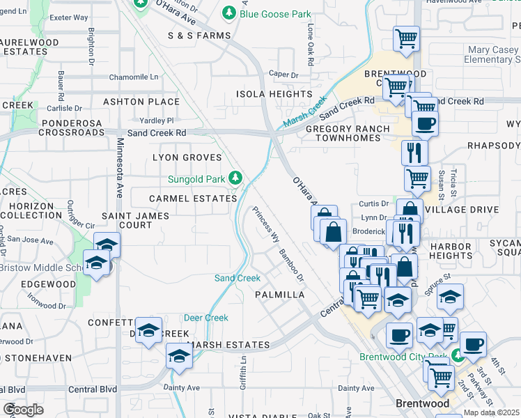 map of restaurants, bars, coffee shops, grocery stores, and more near 979 Princess Way in Brentwood