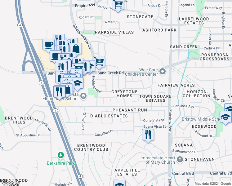 map of restaurants, bars, coffee shops, grocery stores, and more near 1794 Highland Way in Brentwood