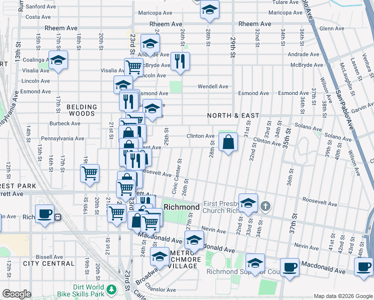 map of restaurants, bars, coffee shops, grocery stores, and more near 2558 Grant Avenue in Richmond
