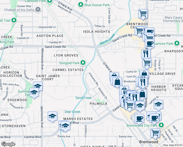 map of restaurants, bars, coffee shops, grocery stores, and more near 979 Princess Way in Brentwood