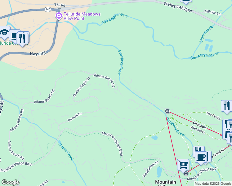 map of restaurants, bars, coffee shops, grocery stores, and more near 297-300 Adams Ranch Rd in Mountain Village