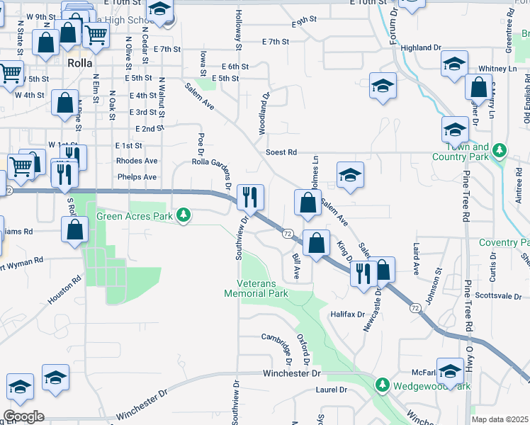 map of restaurants, bars, coffee shops, grocery stores, and more near 17 Frost Drive in Rolla