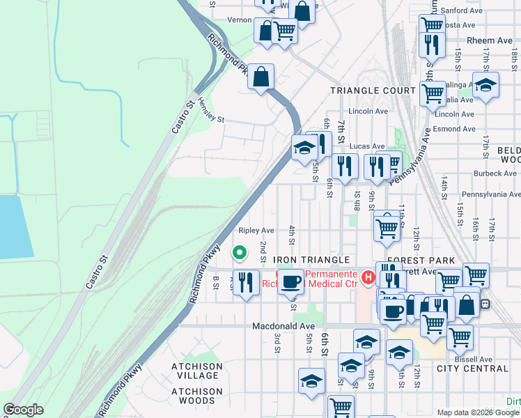 map of restaurants, bars, coffee shops, grocery stores, and more near 653 2nd Street in Richmond