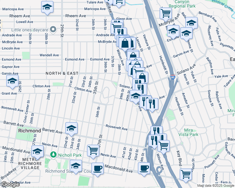 map of restaurants, bars, coffee shops, grocery stores, and more near in Richmond