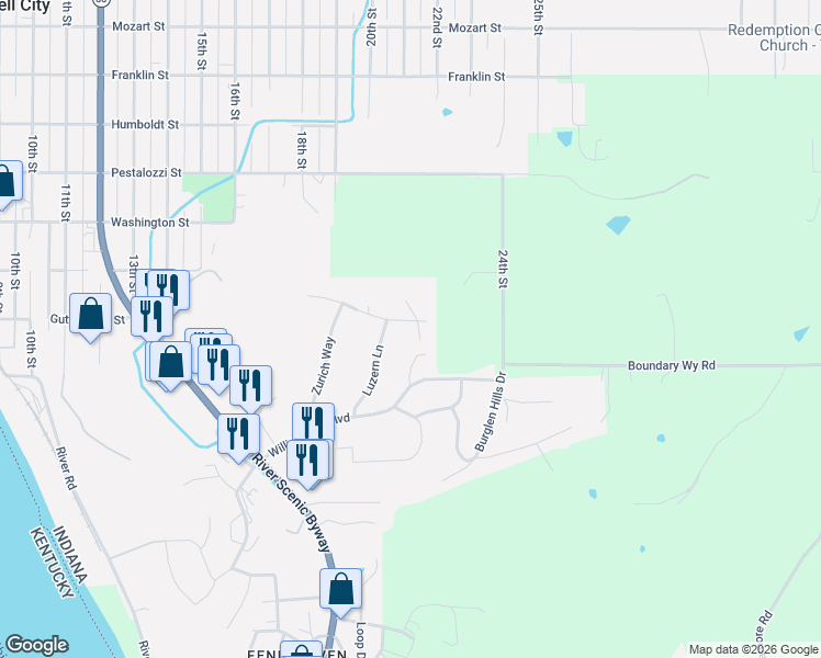map of restaurants, bars, coffee shops, grocery stores, and more near 69 Altdorf Lane in Tell City