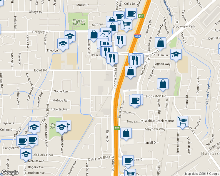 map of restaurants, bars, coffee shops, grocery stores, and more near 2651 Contra Costa Boulevard in Pleasant Hill