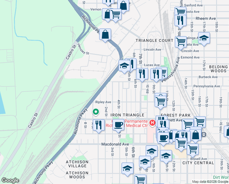 map of restaurants, bars, coffee shops, grocery stores, and more near 656 3rd Street in Richmond