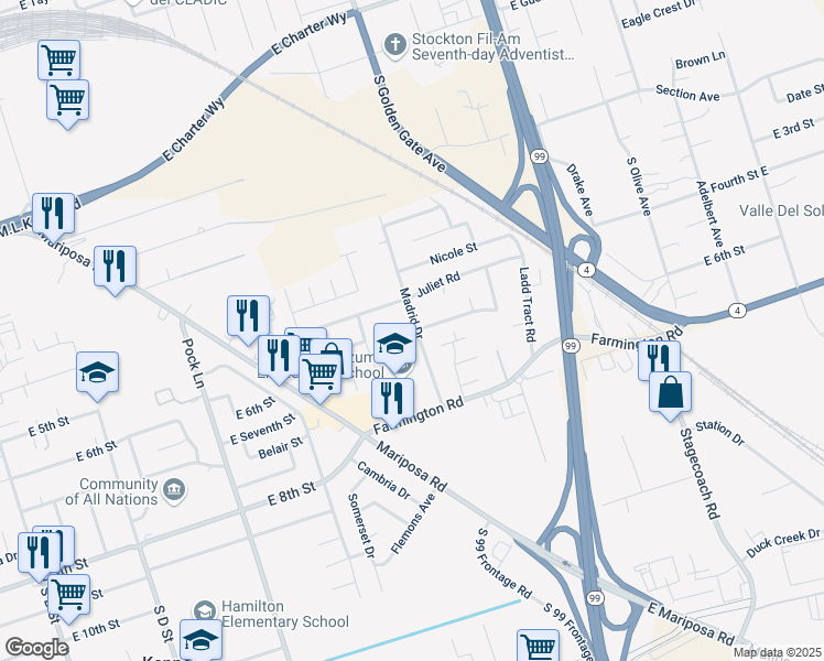 map of restaurants, bars, coffee shops, grocery stores, and more near 1999 Madrid Drive in Stockton