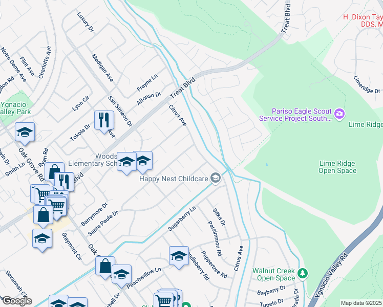 map of restaurants, bars, coffee shops, grocery stores, and more near 742 Santa Ynez Court in Concord