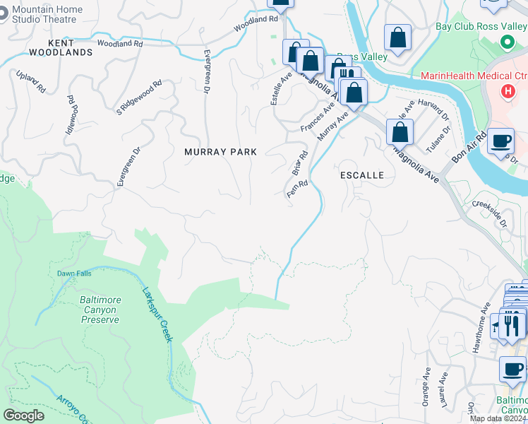 map of restaurants, bars, coffee shops, grocery stores, and more near 100 Black Log Road in Kentfield