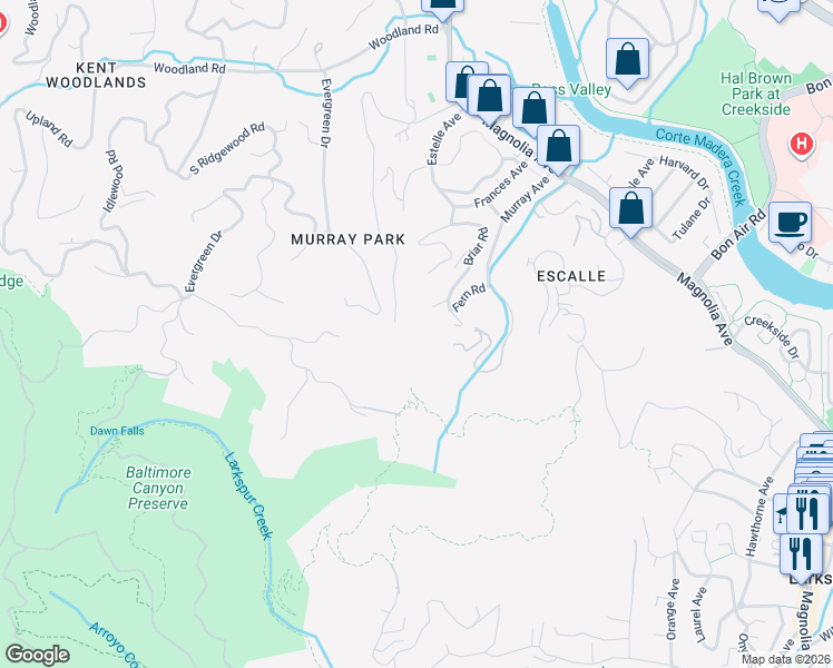 map of restaurants, bars, coffee shops, grocery stores, and more near 100 Black Log Road in Kentfield