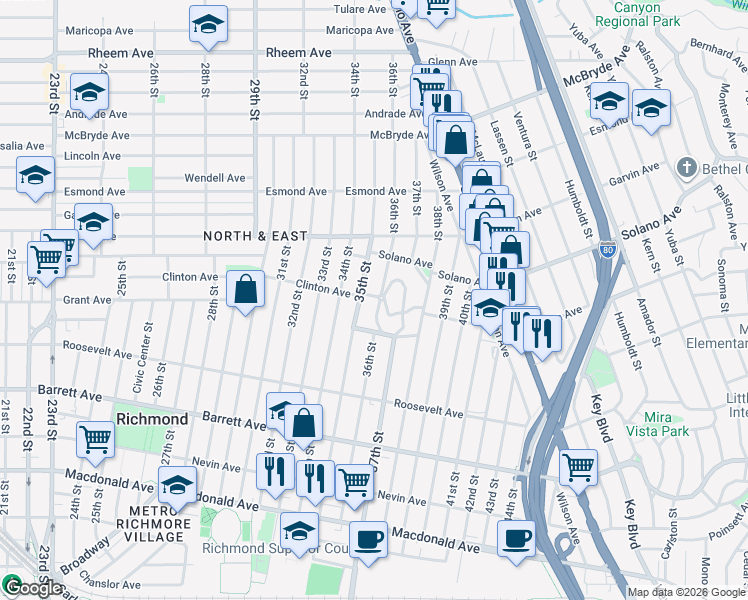 map of restaurants, bars, coffee shops, grocery stores, and more near 3530 Clinton Avenue in Richmond