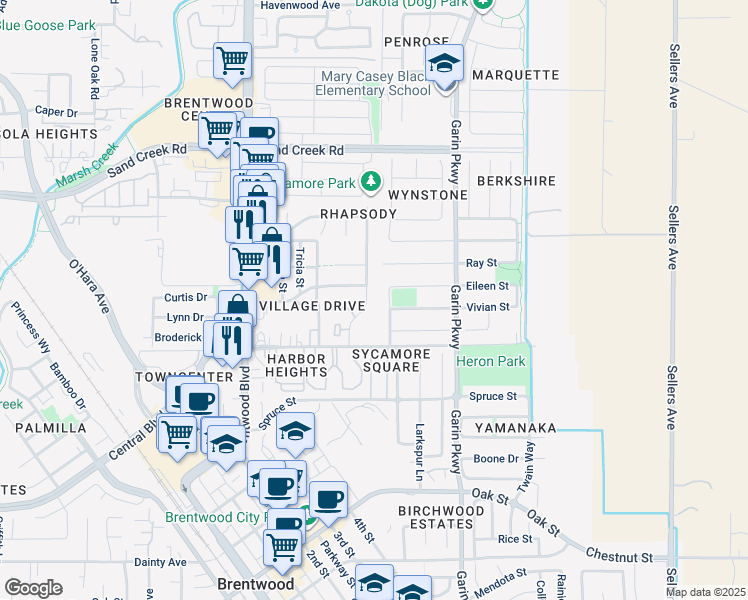 map of restaurants, bars, coffee shops, grocery stores, and more near 561 Linda Street in Brentwood