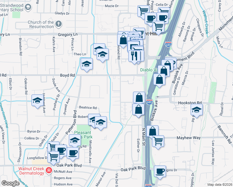 map of restaurants, bars, coffee shops, grocery stores, and more near 190 Cleaveland Road in Pleasant Hill