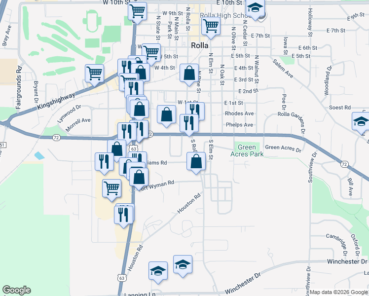 map of restaurants, bars, coffee shops, grocery stores, and more near 19 Southbrook Drive in Rolla