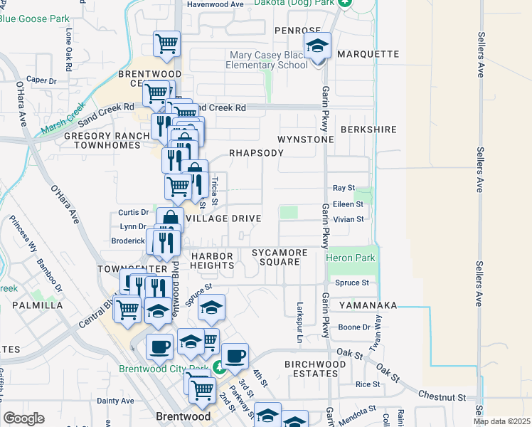 map of restaurants, bars, coffee shops, grocery stores, and more near 1378 Windsor Way in Brentwood