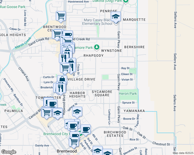 map of restaurants, bars, coffee shops, grocery stores, and more near 1378 Windsor Way in Brentwood