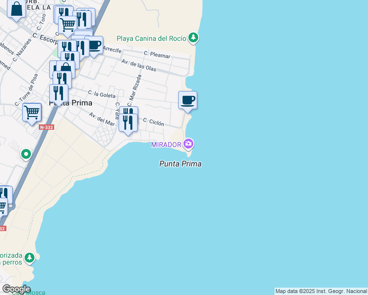 map of restaurants, bars, coffee shops, grocery stores, and more near 11 Paseo Marítimo P Pr in Alicante
