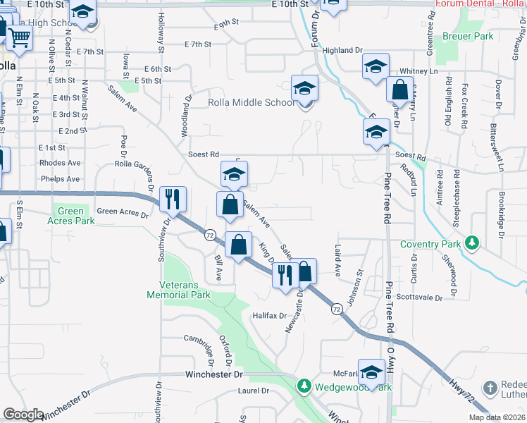 map of restaurants, bars, coffee shops, grocery stores, and more near 1101 Elliott Drive in Rolla