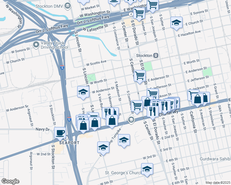 map of restaurants, bars, coffee shops, grocery stores, and more near 1027 South Madison Street in Stockton