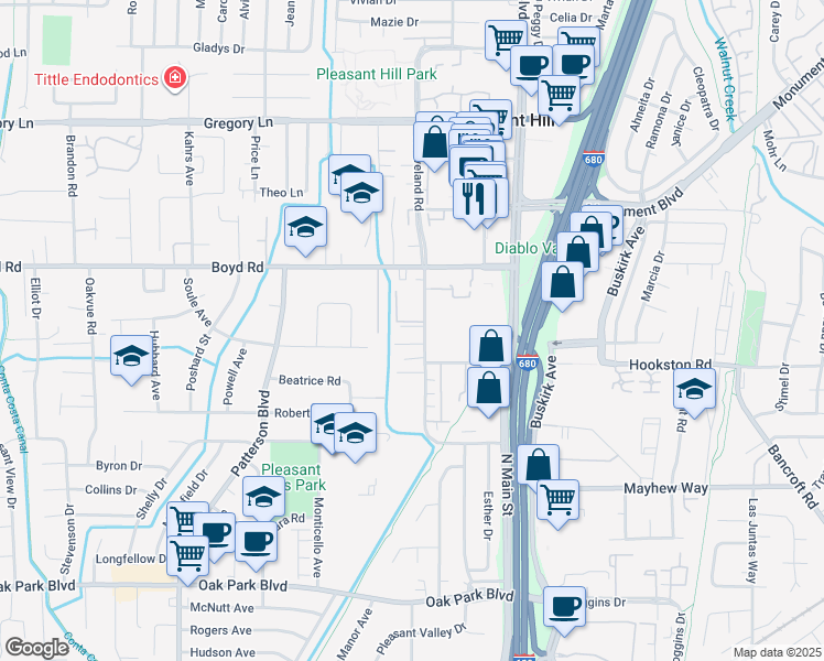map of restaurants, bars, coffee shops, grocery stores, and more near 170 Cleaveland Road in Pleasant Hill