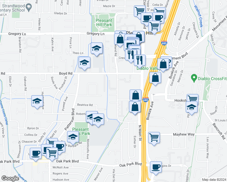 map of restaurants, bars, coffee shops, grocery stores, and more near 170 Cleaveland Road in Pleasant Hill