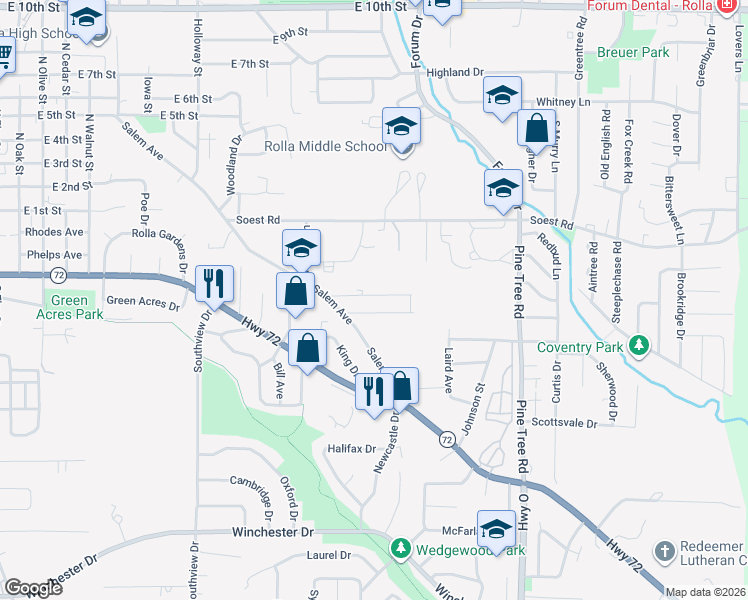 map of restaurants, bars, coffee shops, grocery stores, and more near 1101 Elliott Drive in Rolla