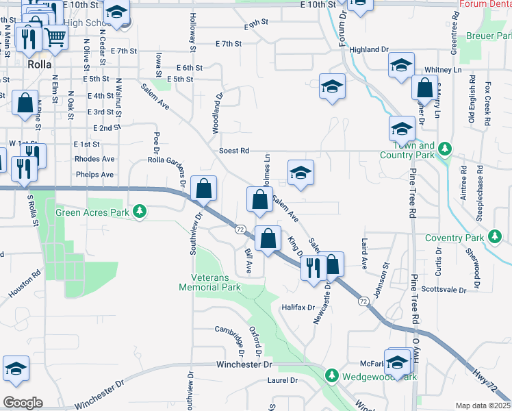 map of restaurants, bars, coffee shops, grocery stores, and more near 6 Summit Avenue in Rolla