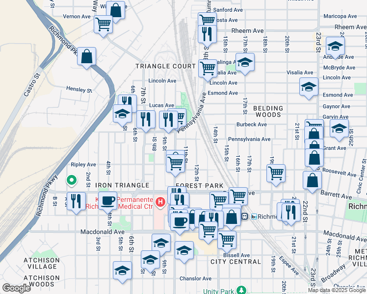 map of restaurants, bars, coffee shops, grocery stores, and more near 681 11th Street in Richmond