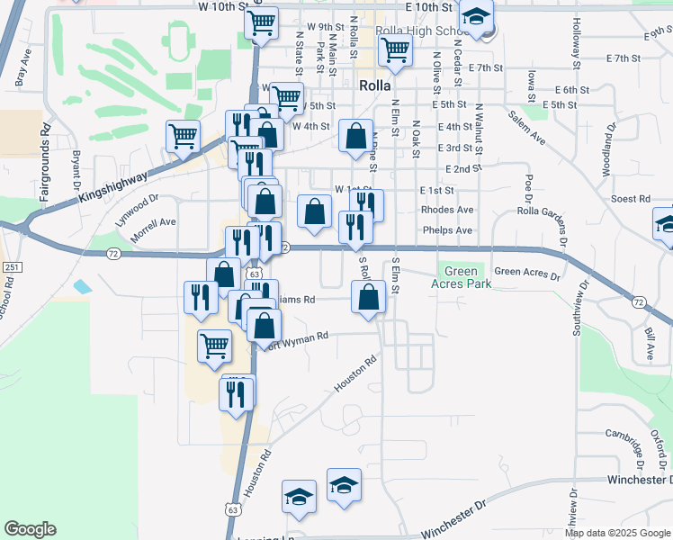 map of restaurants, bars, coffee shops, grocery stores, and more near 36 Southbrook Drive in Rolla