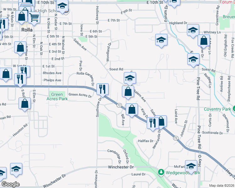 map of restaurants, bars, coffee shops, grocery stores, and more near 11 Elmwood Drive in Rolla