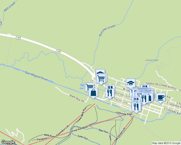 map of restaurants, bars, coffee shops, grocery stores, and more near Highway 145 in Telluride
