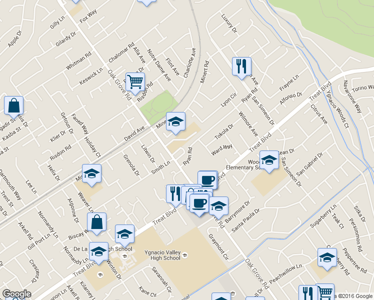 map of restaurants, bars, coffee shops, grocery stores, and more near 2515 Ryan Road in Concord
