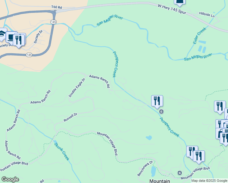 map of restaurants, bars, coffee shops, grocery stores, and more near 297-300 Adams Ranch Rd in Mountain Village