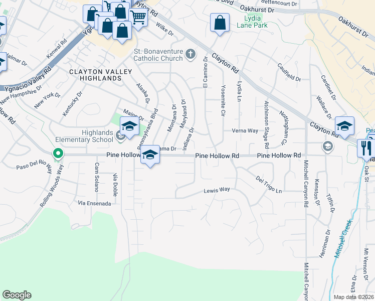 map of restaurants, bars, coffee shops, grocery stores, and more near 5595 Banff Court in Concord