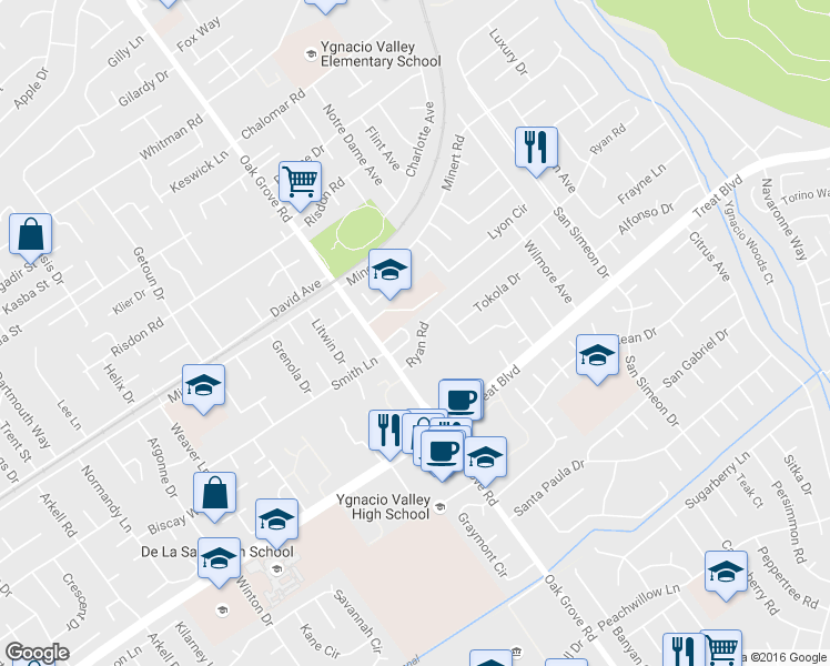 map of restaurants, bars, coffee shops, grocery stores, and more near 2515 Ryan Road in Concord