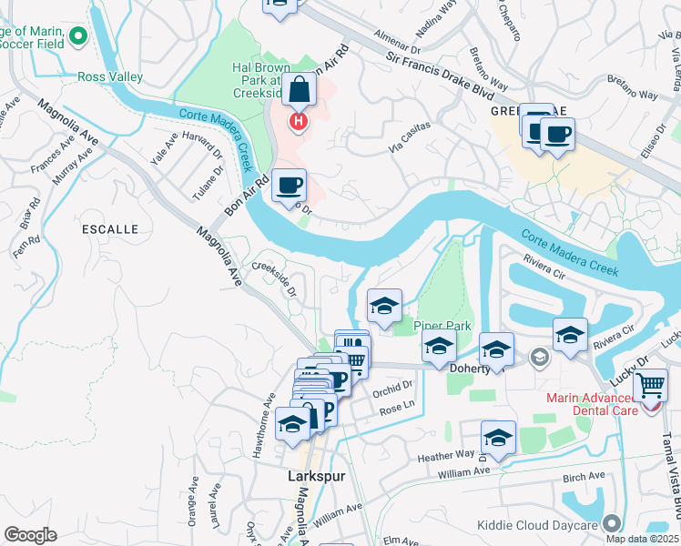 map of restaurants, bars, coffee shops, grocery stores, and more near 555 Larkspur Plaza Drive in Larkspur