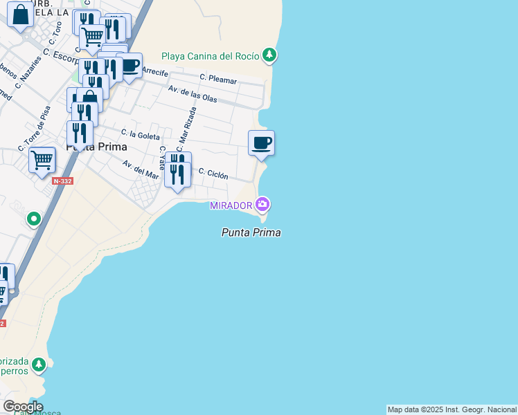 map of restaurants, bars, coffee shops, grocery stores, and more near 11 Passeig del Mar in Benidorm