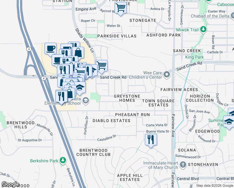 map of restaurants, bars, coffee shops, grocery stores, and more near 1100 Alder Creek Way in Brentwood