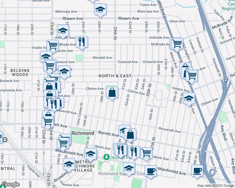 map of restaurants, bars, coffee shops, grocery stores, and more near 659 31st Street in Richmond