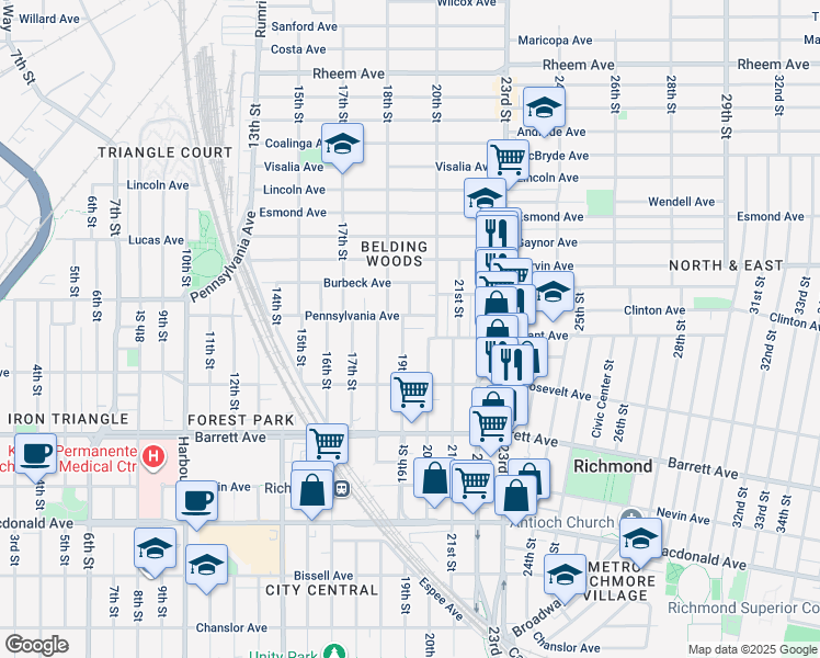 map of restaurants, bars, coffee shops, grocery stores, and more near 629 20th Street in Richmond