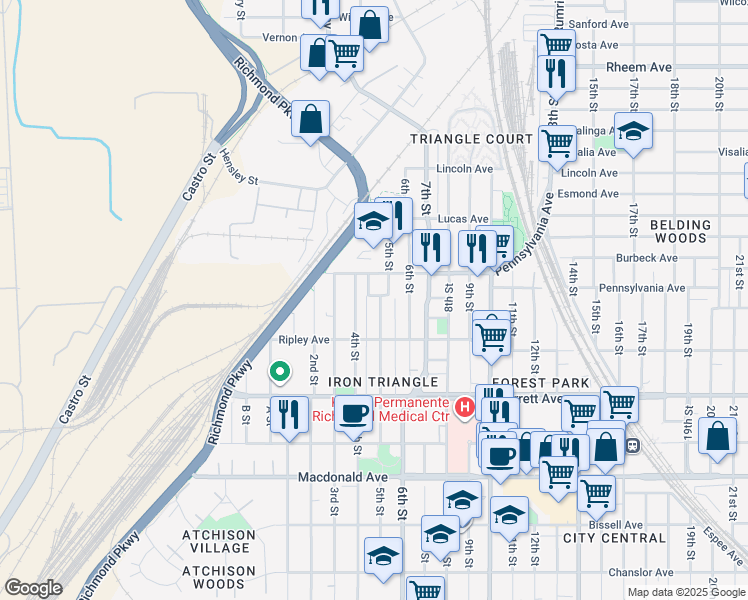 map of restaurants, bars, coffee shops, grocery stores, and more near 630 4th Street in Richmond