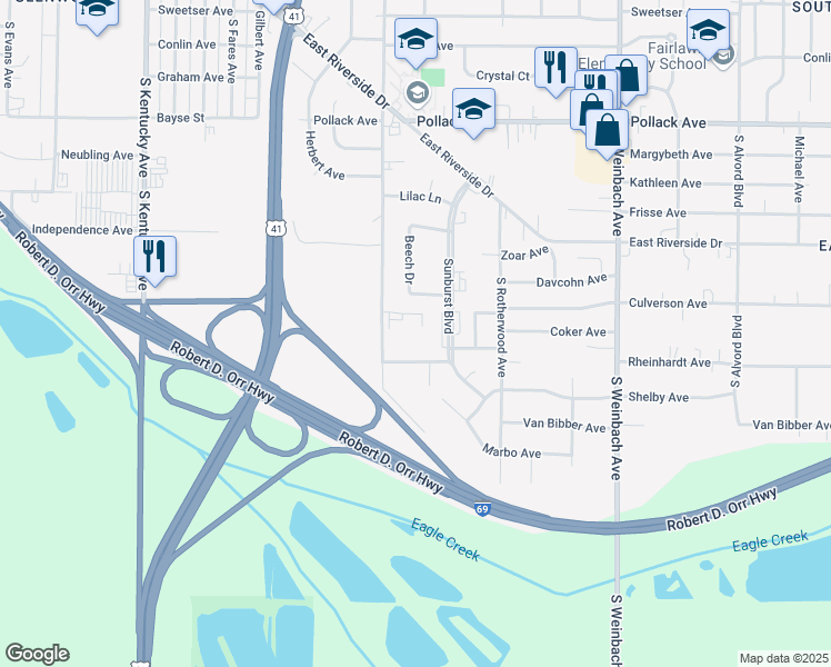 map of restaurants, bars, coffee shops, grocery stores, and more near 1500-1598 Van Bibber Ave in Evansville