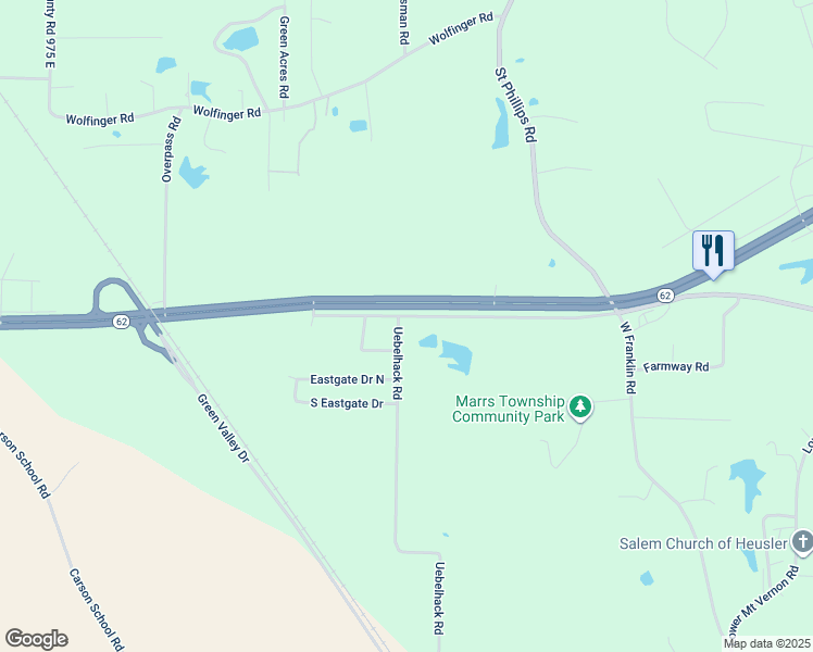 map of restaurants, bars, coffee shops, grocery stores, and more near 10505 Old Highway 62 East in Mount Vernon