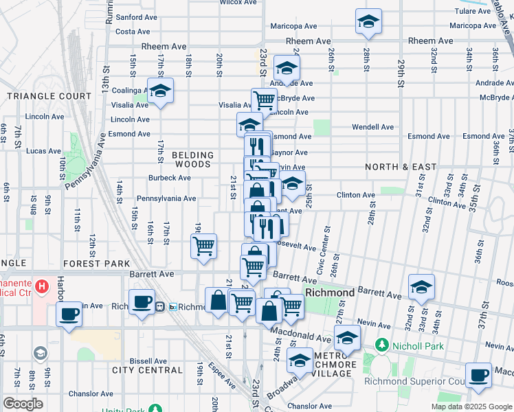 map of restaurants, bars, coffee shops, grocery stores, and more near 649 23rd Street in Richmond