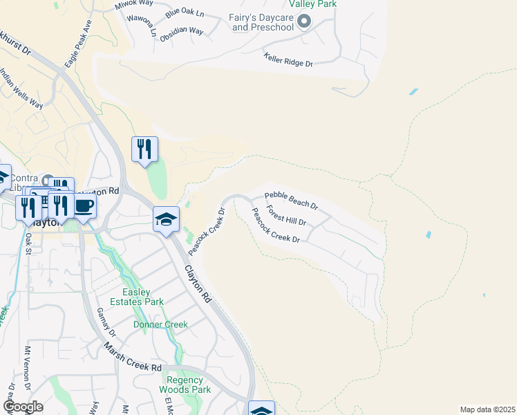 map of restaurants, bars, coffee shops, grocery stores, and more near 1105 Peacock Creek Drive in Clayton